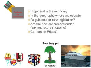In general in the economy In the geography where we operate Regulations or new legislation? Are the new consumer trends? (saving, luxury shopping) Competitor Prices? Evaluate the Environment 