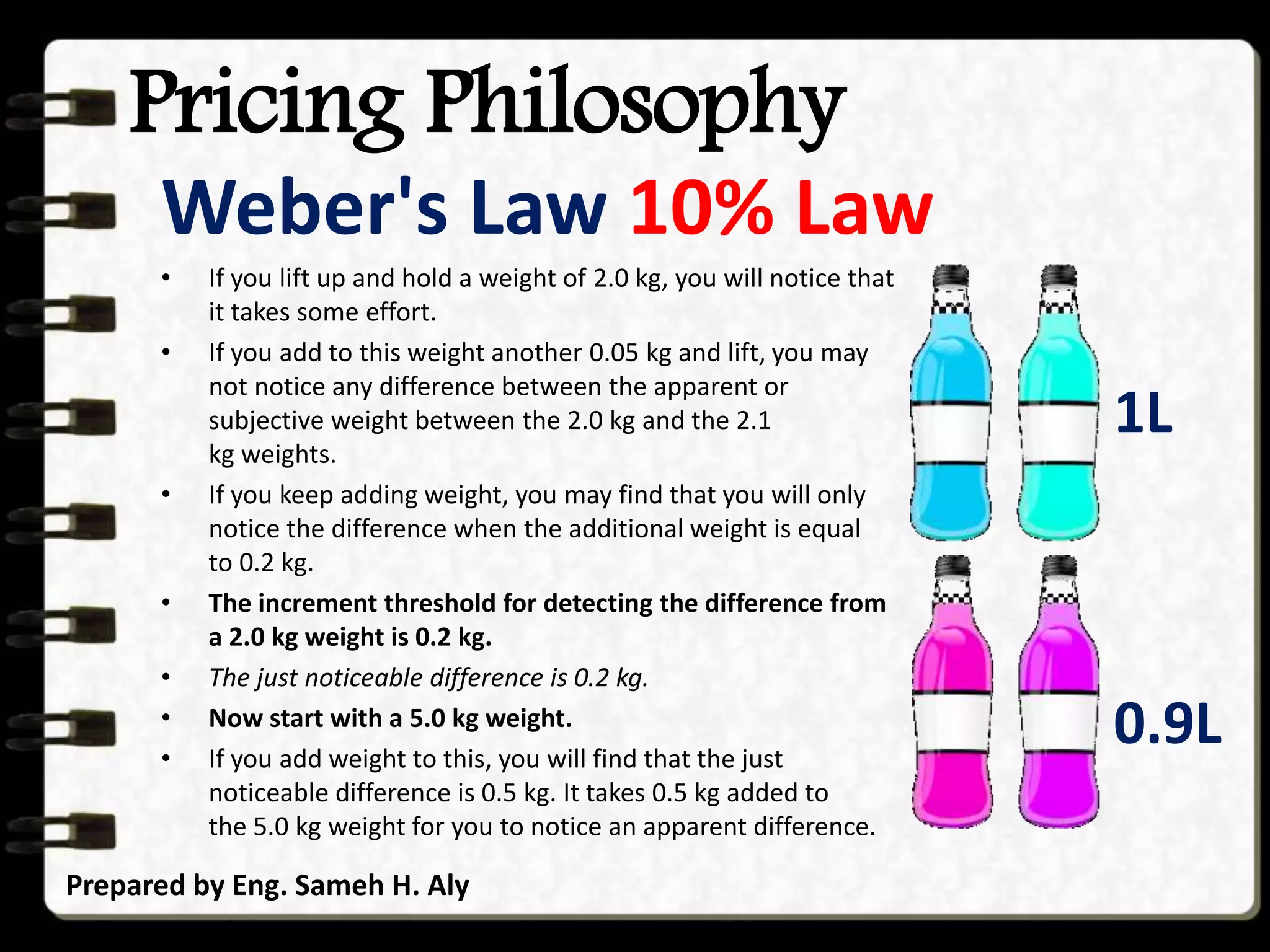Pricing Philosophy
Weber's Law 10% Law
Prepared by Eng. Sameh H. Aly
• If you lift up and hold a weight of 2.0 kg, you will notice that
it takes some effort.
• If you add to this weight another 0.05 kg and lift, you may
not notice any difference between the apparent or
subjective weight between the 2.0 kg and the 2.1
kg weights.
• If you keep adding weight, you may find that you will only
notice the difference when the additional weight is equal
to 0.2 kg.
• The increment threshold for detecting the difference from
a 2.0 kg weight is 0.2 kg.
• The just noticeable difference is 0.2 kg.
• Now start with a 5.0 kg weight.
• If you add weight to this, you will find that the just
noticeable difference is 0.5 kg. It takes 0.5 kg added to
the 5.0 kg weight for you to notice an apparent difference.
1L
0.9L
 