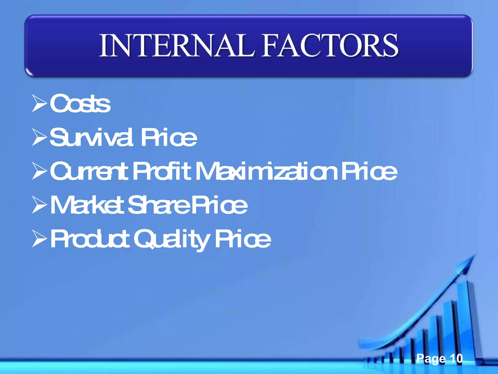 Costs Survival Price Current Profit Maximization Price Market Share Price Product Quality Price 