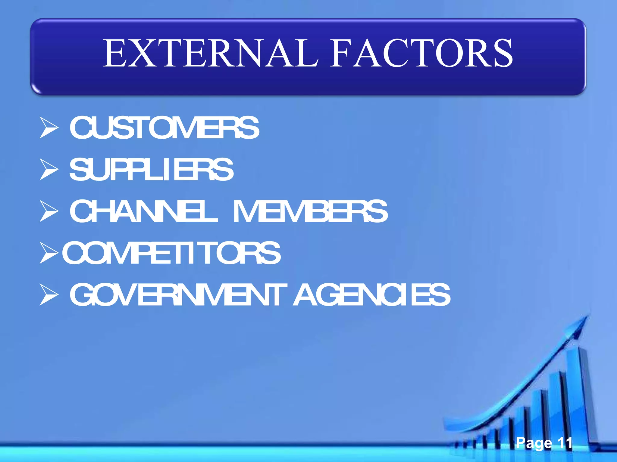 CUSTOMERS SUPPLIERS CHANNEL  MEMBERS COMPETITORS GOVERNMENT AGENCIES EXTERNAL FACTORS 