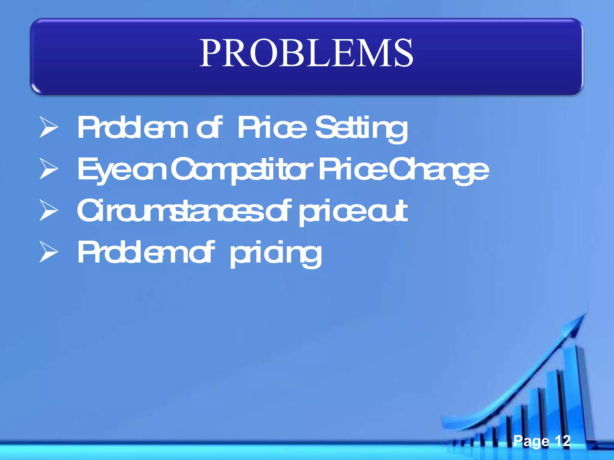 Problem  of  Price  Setting Eye on Competitor Price Change Circumstances of price cut Problem of  pricing  PROBLEMS 
