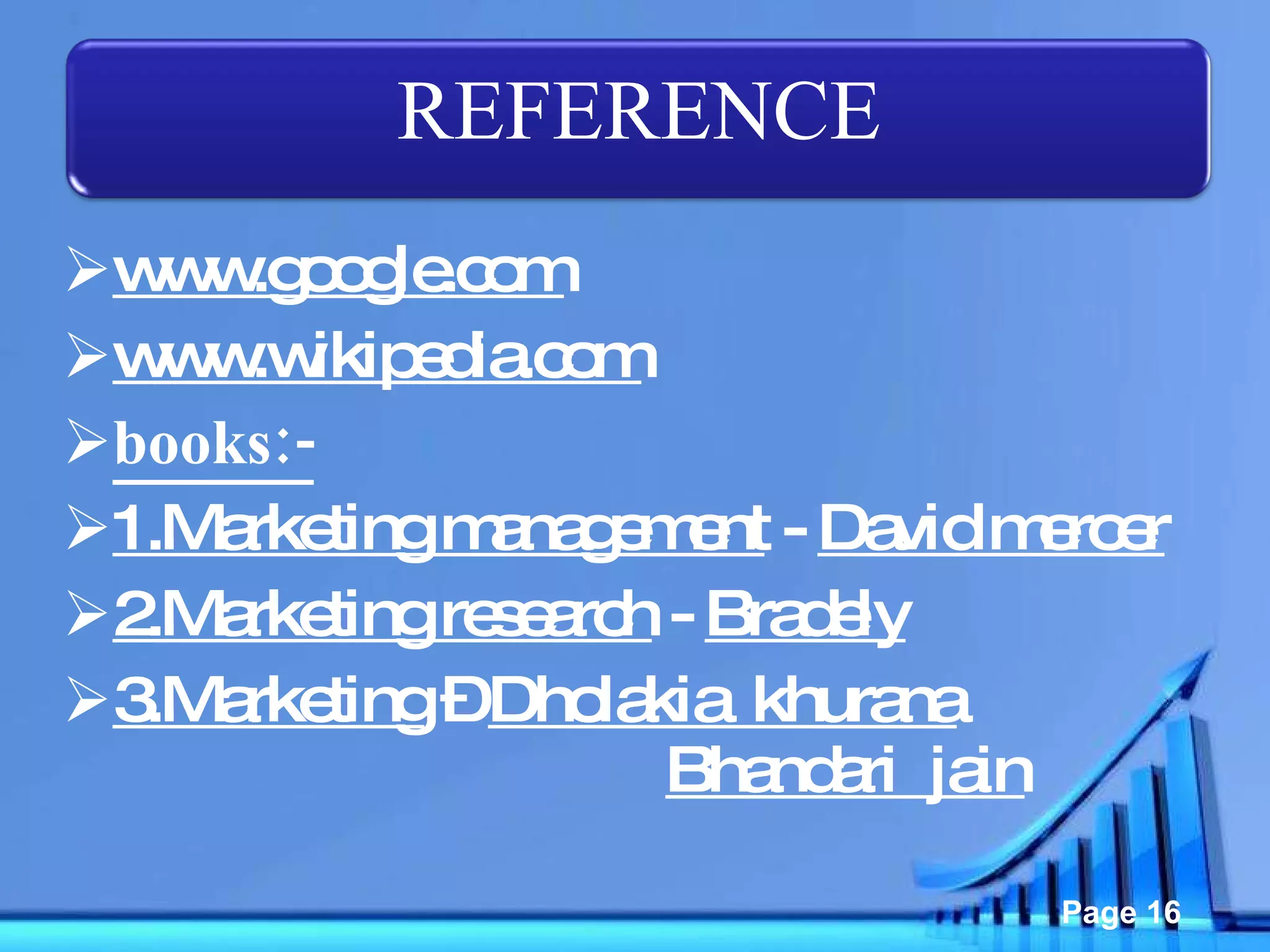 www.google.com www.wikipedia.com books:- 1.Marketing management  -  David mercer 2.Marketing research  -  Bradely 3.Marketing  –  Dholakia  khurana   Bhandari  jain REFERENCE 