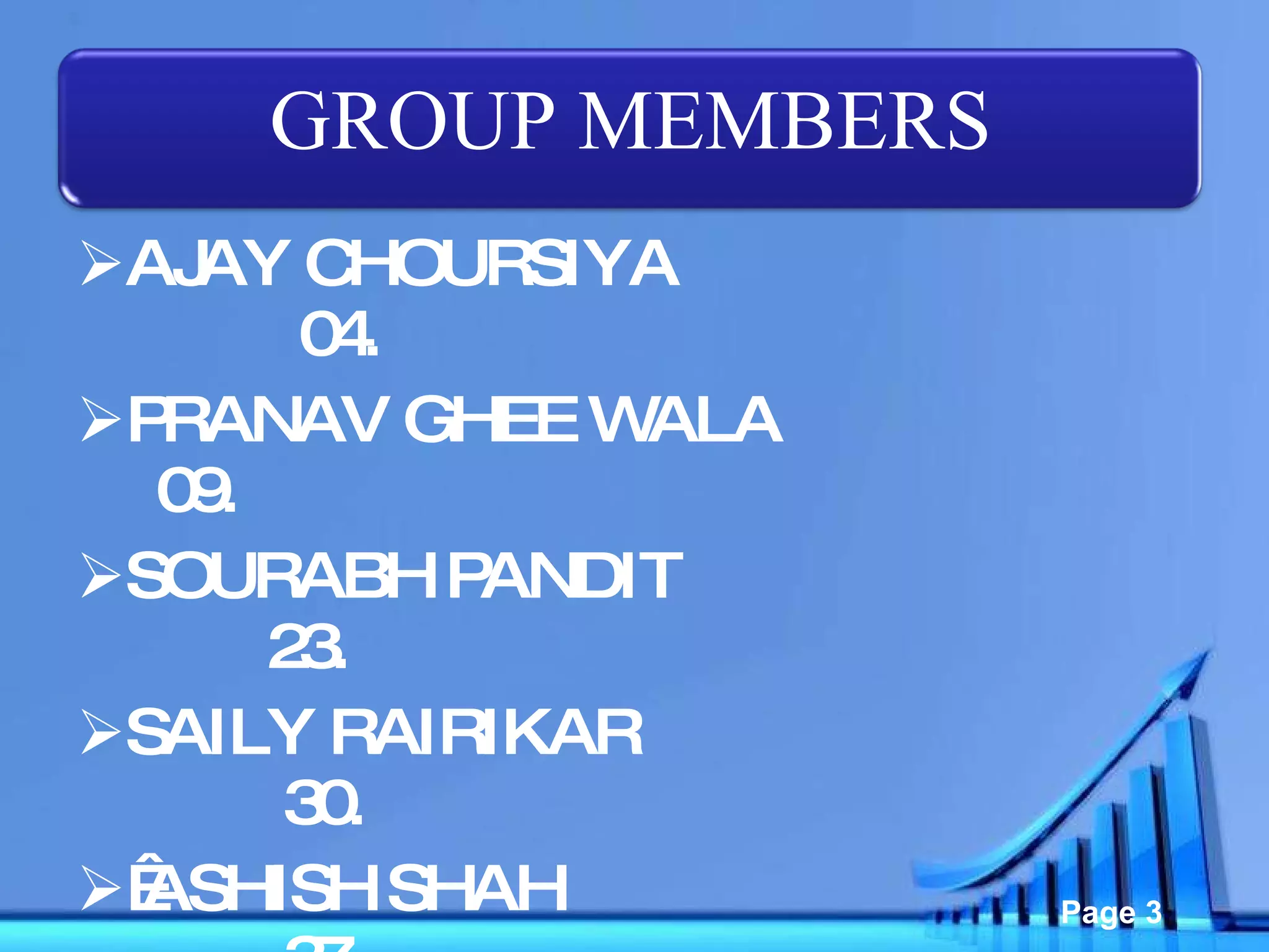 AJAY CHOURSIYA  04. PRANAV GHEE WALA    09.  SOURABH PANDIT  23.  SAILY RAIRIKAR  30.    ASHISH SHAH  37. GROUP MEMBERS 