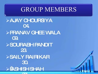 AJAY CHOURSIYA  04. PRANAV GHEE WALA    09.  SOURABH PANDIT  23.  SAILY RAIRIKAR  30.    ASHISH SHAH  37. GROUP MEMBERS 