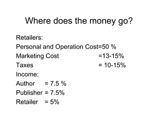 Where does the money go?
Retailers:
Personal and Operation Cost=50 %
Marketing Cost
=13-15%
Taxes
= 10-15%
Income:
Author
=75%
7.5
Publisher = 7.5%
Retailer = 5%
%

 