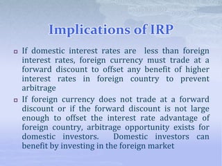Implications of IRP
 If domestic interest rates are less than foreign
interest rates, foreign currency must trade at a
forward discount to offset any benefit of higher
interest rates in foreign country to prevent
arbitrage
 If foreign currency does not trade at a forward
discount or if the forward discount is not large
enough to offset the interest rate advantage of
foreign country, arbitrage opportunity exists for
domestic investors. Domestic investors can
benefit by investing in the foreign market
 