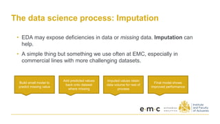 The data science process: Imputation
• EDA may expose deficiencies in data or missing data. Imputation can
help.
• A simple thing but something we use often at EMC, especially in
commercial lines with more challenging datasets.
Build small model to
predict missing value
Add predicted values
back onto dataset
where missing
Imputed values retain
data volume for rest of
process
Final model shows
improved performance
 