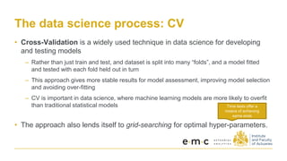 The data science process: CV
• Cross-Validation is a widely used technique in data science for developing
and testing models
– Rather than just train and test, and dataset is split into many “folds”, and a model fitted
and tested with each fold held out in turn
– This approach gives more stable results for model assessment, improving model selection
and avoiding over-fitting
– CV is important in data science, where machine learning models are more likely to overfit
than traditional statistical models
• The approach also lends itself to grid-searching for optimal hyper-parameters.
Time tests offer a
means of achieving
same ends
 