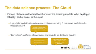 The data science process: The Cloud
• Various platforms allow traditional or machine learning models to be deployed
robustly, and at scale, in the cloud
– Load-balanced virtual machines or containers running R can serve model results
through an API
– “Serverless” platforms allow models and code to be deployed directly.
No need to extract model
parameters and recode… just
deploy native R model
Can scale all the way up to
100m quotations a year –
enough for a motor
aggregator.
No servers to maintain,
security, updates, etc.
 