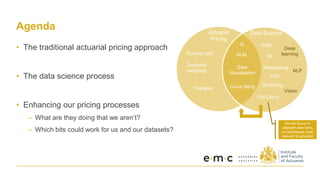Agenda
• The traditional actuarial pricing approach
• The data science process
• Enhancing our pricing processes
– What are they doing that we aren’t?
– Which bits could work for us and our datasets?
Data
Visualisation
Deep
learning
NLP
Vision
Clustering
Actuarial
Pricing
Data Science
Burning cost
Credibility
weighting
Triangles Curve fitting
GAM
PCA
The Cloud
GLM
R
Resampling
ML
We will focus on
adjacent area here,
on techniques most
relevant to actuarial
 