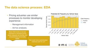 The data science process: EDA
• Pricing actuaries use similar
processes to monitor developing
experience:
– Management information
– Ad hoc analyses.
Basic EDA tends to be less
important in actuarial pricing
where datasets are familiar and
characteristics are broadly
stable.
But could more sophisticated
methods work for us?
 