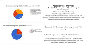 Question wise analysis :
Question 1 : For Comparison of Bundle pricing with
Promotional pricing.
Option A is applying Bundle pricing
Option B is applying Promotional pricing
Majority people choose 1st option which helped us conclude that
bundling favors the customer, particularly in simple transactions in which
separate and packaged pricing can be quickly compared.
Question 2 : For Comparison of Premium pricing with Value
pricing
76.3% of the respondents go with a well established brand over a new
one.
Usually in electronics consumer choice go with a brand.Hence they
prefer quality over money. So for a new company coming with a very
low price can be seen as a low quality product.
 