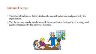 Internal Factors
• The internal factors are factors that can be control, determine and process by the
organisation.
• This factors are mostly in relation with the organisation business level strategy and
greatly influenced by the nature of business.
 