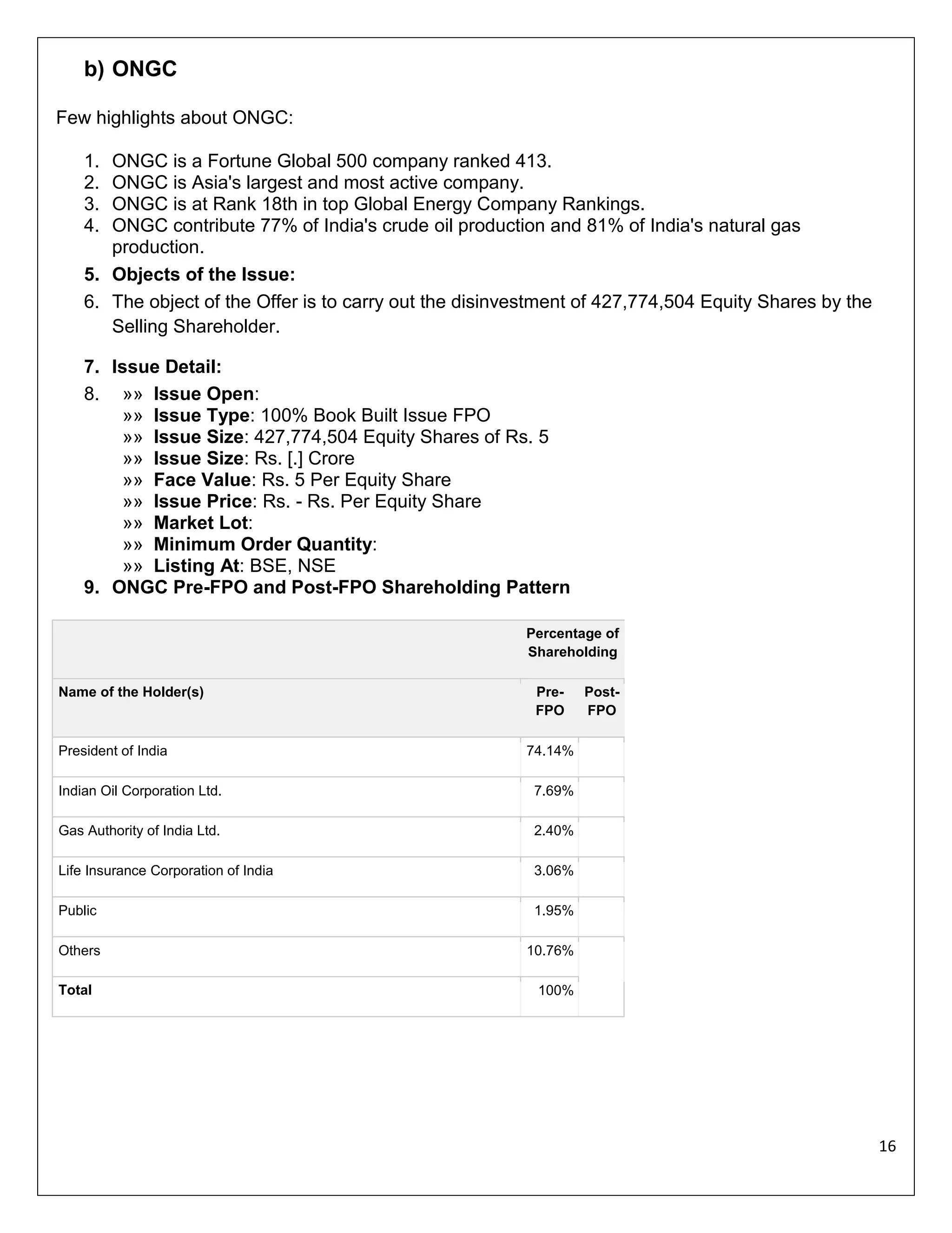 b) ONGC
Few highlights about ONGC:
1.
2.
3.
4.

ONGC is a Fortune Global 500 company ranked 413.
ONGC is Asia's largest and most active company.
ONGC is at Rank 18th in top Global Energy Company Rankings.
ONGC contribute 77% of India's crude oil production and 81% of India's natural gas
production.
5. Objects of the Issue:
6. The object of the Offer is to carry out the disinvestment of 427,774,504 Equity Shares by the
Selling Shareholder.
7. Issue Detail:
8. »» Issue Open:
»» Issue Type: 100% Book Built Issue FPO
»» Issue Size: 427,774,504 Equity Shares of Rs. 5
»» Issue Size: Rs. [.] Crore
»» Face Value: Rs. 5 Per Equity Share
»» Issue Price: Rs. - Rs. Per Equity Share
»» Market Lot:
»» Minimum Order Quantity:
»» Listing At: BSE, NSE
9. ONGC Pre-FPO and Post-FPO Shareholding Pattern
Percentage of
Shareholding
Name of the Holder(s)

President of India

PreFPO

PostFPO

74.14%

Indian Oil Corporation Ltd.

7.69%

Gas Authority of India Ltd.

2.40%

Life Insurance Corporation of India

3.06%

Public

1.95%

Others

10.76%

Total

100%

16

 