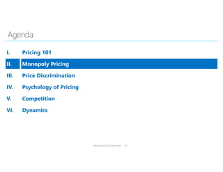 Microsoft Confidential 15
I. Pricing 101
II. Monopoly Pricing
III. Price Discrimination
IV. Psychology of Pricing
V. Competition
VI. Dynamics
 