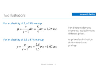 Microsoft Confidential 17
Monopoly Pricing
mcmcmcp 25.1
4
5
1





mcmcmcp 67.1
5.1
5.2
1





For different demand
segments, typically want
different prices
or price discrimination
(AKA value-based
pricing)
 