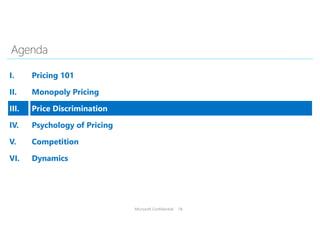 Microsoft Confidential 18
I. Pricing 101
II. Monopoly Pricing
III. Price Discrimination
IV. Psychology of Pricing
V. Competition
VI. Dynamics
 