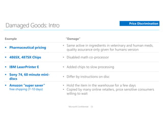 Microsoft Confidential 23
Example “Damage”
 Pharmaceutical pricing
• Same active in ingredients in veterinary and human meds,
quality assurance only given for humans version
 486SX, 487SX Chips • Disabled math co-processor
 IBM LaserPrinter E • Added chips to slow processing
 Sony 74, 60 minute mini-
discs
• Differ by instructions on disc
 Amazon “super saver”
free shipping (7-10 days)
• Hold the item in the warehouse for a few days
• Copied by many online retailers, price sensitive consumers
willing to wait
Price Discrimination
 