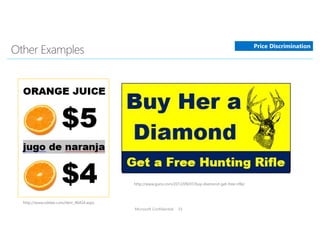 http://www.oddee.com/item_96454.aspx
http://www.guns.com/2012/09/07/buy-diamond-get-free-rifle/
Microsoft Confidential 33
Price Discrimination
 