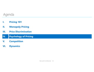 Microsoft Confidential 35
I. Pricing 101
II. Monopoly Pricing
III. Price Discrimination
IV. Psychology of Pricing
V. Competition
VI. Dynamics
 