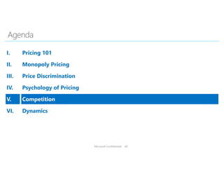 Microsoft Confidential 40
I. Pricing 101
II. Monopoly Pricing
III. Price Discrimination
IV. Psychology of Pricing
V. Competition
VI. Dynamics
 