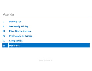Microsoft Confidential 48
I. Pricing 101
II. Monopoly Pricing
III. Price Discrimination
IV. Psychology of Pricing
V. Competition
VI. Dynamics
 