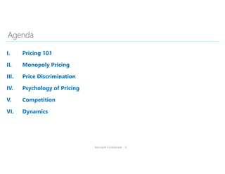 Microsoft Confidential 8
I. Pricing 101
II. Monopoly Pricing
III. Price Discrimination
IV. Psychology of Pricing
V. Competition
VI. Dynamics
 