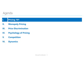 Microsoft Confidential 9
I. Pricing 101
II. Monopoly Pricing
III. Price Discrimination
IV. Psychology of Pricing
V. Competition
VI. Dynamics
 