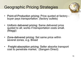 Geographic Pricing Strategies Point-of-Production pricing:  Price quoted at factory - buyer pays transportation. (factory outlets) Uniform delivered pricing:  Same delivered price quoted to all; works if transportation costs small. (Maggi) Zone-delivered pricing:  Set same price within several zones, e.g. Bread Freight-absorption pricing:  Seller absorbs transport cost to penetrate market.  (Sangam Direct) 