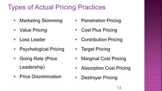 Types of Actual Pricing Practices
13
▪ Marketing Skimming
▪ Value Pricing
▪ Loss Leader
▪ Psychological Pricing
▪ Going Rate (Price
Leadership)
▪ Price Discrimination
▪ Penetration Pricing
▪ Cost Plus Pricing
▪ Contribution Pricing
▪ Target Pricing
▪ Marginal Cost Pricing
▪ Absorption Cost Pricing
▪ Destroyer Pricing
 