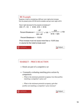 BE Example
Suppose a hotel is considering a $25 per room night price increase
from its present price of $150 and its variable cost per room night is $15.

Room night decrease for the property to breakeven?
CM = P – VC = $150 - $15 = $135

                                - ΔP                        -$25
  Percent Breakeven =                       x 100 =                      x 100
                              CM + ΔP                  $135 + $25

  Percent Breakeven = -15.6%
  P     tB k           15 6%

Price increase must not cause more than a -15.6% loss
in volume for the hotel to break even!




 MARKET – PRICE REACTION

     Hotels are part of a competitive set

      Constantly evaluating matching price actions by
     competitors:
         What is the minimum potential occupancy loss that justifies
         matching a competitor’s price cut?

        What is the minimum potential occupancy gain that
     justifies not matching a competitor’s price increase?




                                                                                 16
 