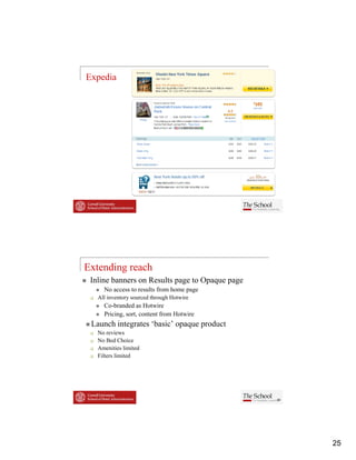 Expedia




Extending reach
 Inline banners on Results page to Opaque page
     No access to results from home page
   All inventory sou ced through Hotwire
         ve o y sourced oug o w e
     Co-branded as Hotwire
     Pricing, sort, content from Hotwire
 Launch integrates ‘basic’ opaque product
   No reviews
   No Bed Choice
   Amenities limited
   Filters limited




                                                 50




                                                      25
 