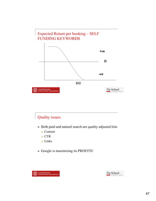 Expected Return per booking – SELF
FUNDING KEYWORDS


                                            +ve


                                                 O



                                           -ve


                           BID




Quality issues

  Both paid and natural search are quality adjusted lists
    Content
    C t t
    CTR
    Links

  Google is maximizing its PROFITS!




                                                            47
 