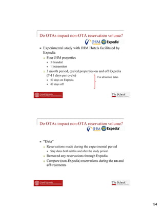 Do OTAs impact non-OTA reservation volume?

 Experimental study with JHM Hotels facilitated by
   p              y                              y
 Expedia
   Four JHM properties
     3 Branded
     1 Independent
   3 month period, cycled properties on and off Expedia
   (7-11 days per cycle)               For all arrival dates
     40 days on Expedia
     40 days off




Do OTAs impact non-OTA reservation volume?



 “Data”
   Reservations made during the experimental period
     Stay dates both within and after the study period
   Removed any reservations through Expedia
   Compare (
         p (non-Expedia) reservations during the on and
                   p    )                  g
   off treatments




                                                               54
 