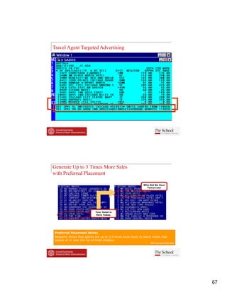 Travel Agent Targeted Advertising




                                                          Galileo Headlines




Generate Up to 3 Times More Sales
with Preferred Placement

                                                                Why Not Be Here
                                                                  Tomorrow!




                             Your Hotel is
                             Here Today.




 Preferred Placement Works
 Research shows that agents are up to 3.5 times more likely to select hotels that
 appear at or near the top of hotel displays.
                                                                     2004 Travel Agent Media Study




                                                                                                     67
 