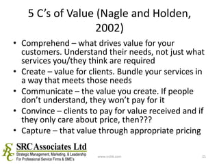 5 C’s of Value (Nagle and Holden, 2002)Comprehend – what drives value for your customers. Understand their needs, not just what services you/they think are requiredCreate – value for clients. Bundle your services in a way that meets those needs Communicate – the value you create. If people don’t understand, they won’t pay for itConvince – clients to pay for value received and if they only care about price, then???Capture – that value through appropriate pricingwww.srchk.com21