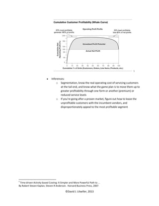5



                              Inferences:
                                  o Segmentation, know the real operating cost of servicing customers
                                      at the tail end, and know what the game plan is to move them up to
                                      greater profitability through one form or another (premium) or
                                      reduced service levels
                                  o If you’re going after a proven market, figure out how to leave the
                                      unprofitable customers with the incumbent vendors, and
                                      disproportionately appeal to the most profitable segment




5
 Time-driven Activity-based Costing: A Simpler and More Powerful Path to ...
By Robert Steven Kaplan, Steven R Anderson. Harvard Business Press, 2007

                                           ©David J. Litwiller, 2013
 