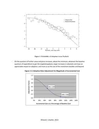 -   On the question of further value and price increases, above the minimum, whatever the baseline
    quantum of expenditure to get the targeted payback, larger increases in absolute cost have an
    appreciable impact on adoption, and more so as the size of the investment doubles and beyond




                                       ©David J. Litwiller, 2013
 