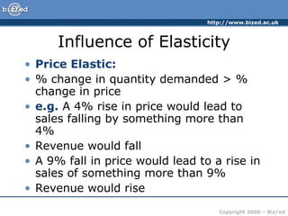 Influence of Elasticity Price Elastic: % change in quantity demanded > % change in price e.g.  A 4% rise in price would lead to sales falling by something more than 4% Revenue would fall A 9% fall in price would lead to a rise in sales of something more than 9% Revenue would rise 
