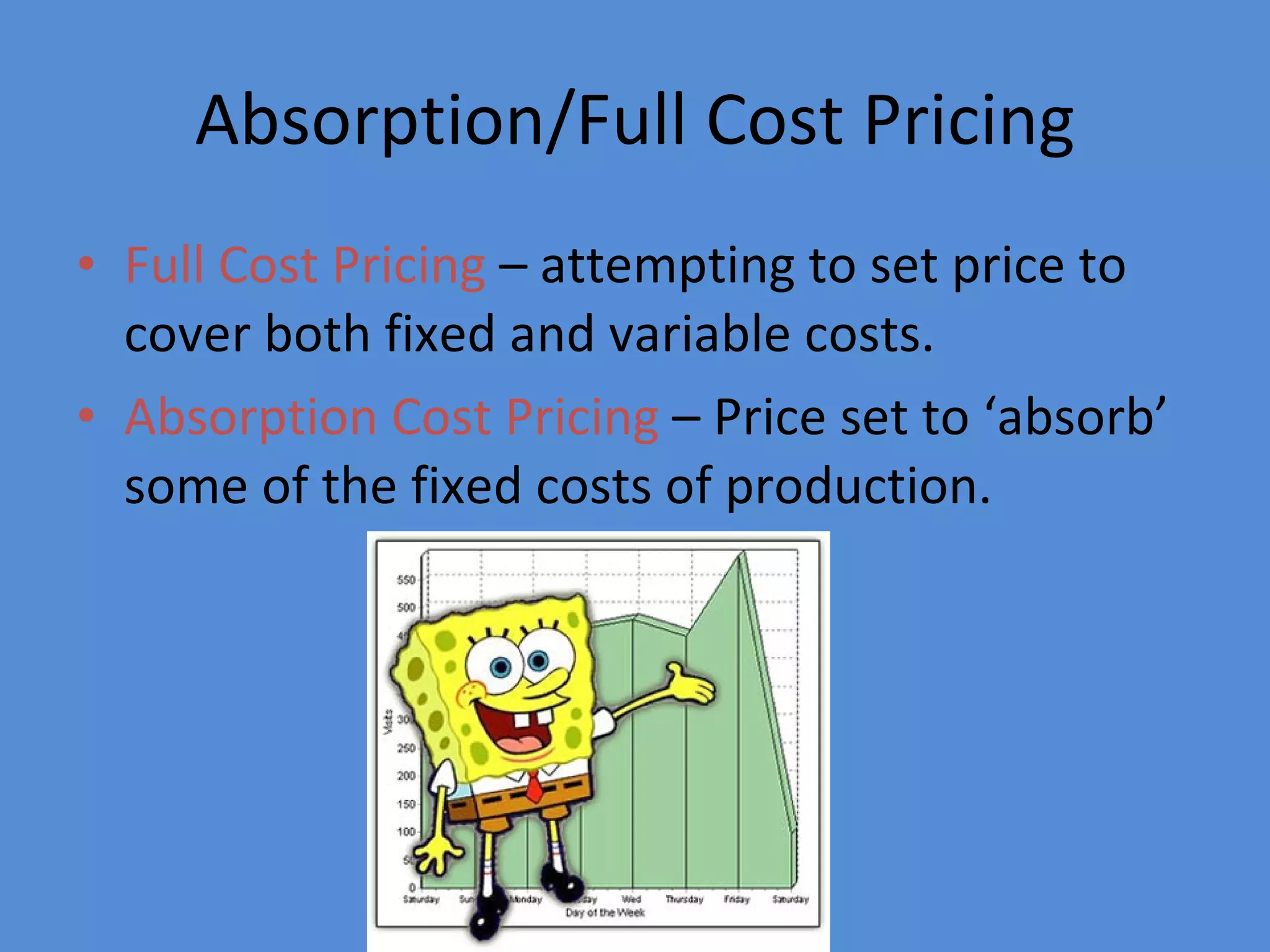 Absorption/Full Cost Pricing Full Cost Pricing  – attempting to set price to cover both fixed and variable costs. Absorption Cost Pricing  – Price set to ‘absorb’ some of the fixed costs of production. 