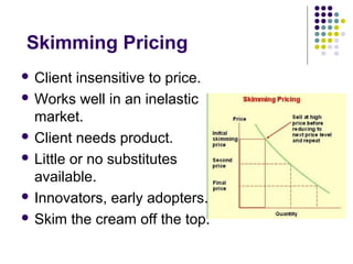 Skimming Pricing
 Client  insensitive to price.
 Works well in an inelastic
  market.
 Client needs product.

 Little or no substitutes
  available.
 Innovators, early adopters.

 Skim the cream off the top.
 
