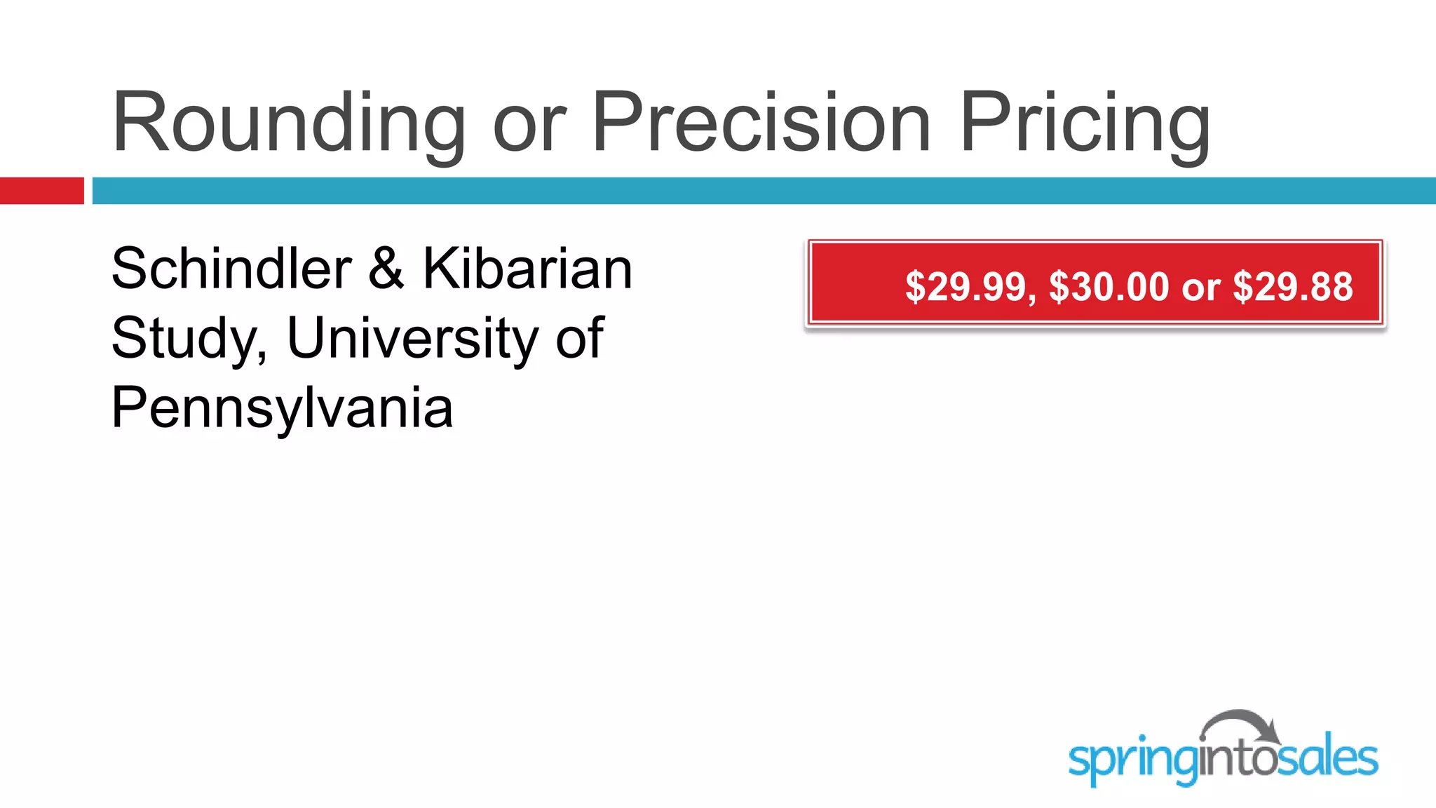 Rounding or Precision Pricing
Schindler & Kibarian   $29.99, $30.00 or $29.88
Study, University of
Pennsylvania
 
