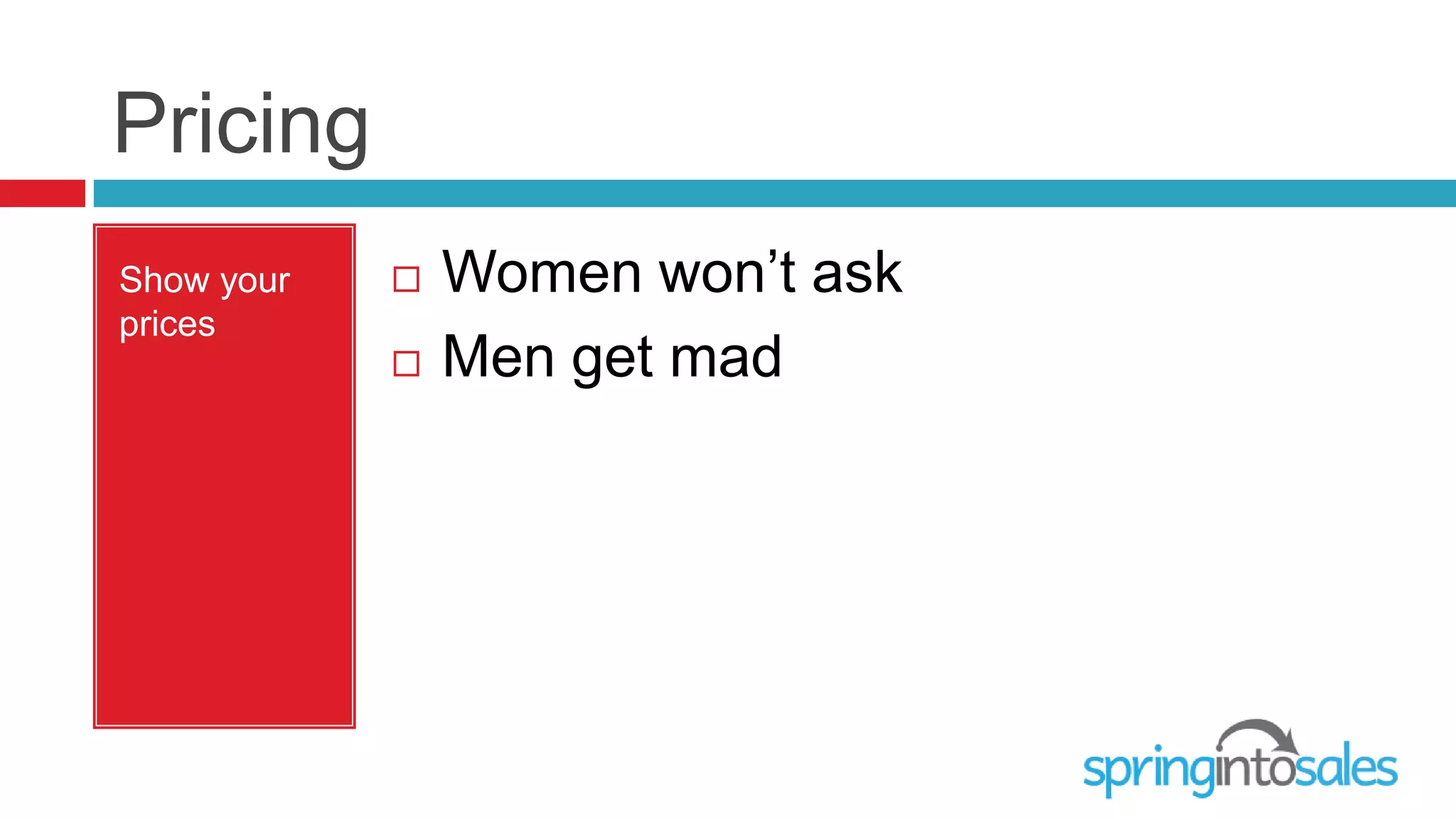 Pricing
Show your      Women won’t ask
prices
               Men get mad
 