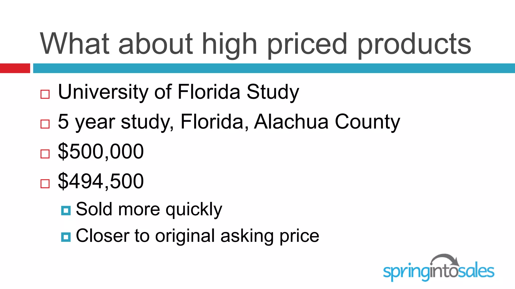 What about high priced products
   University of Florida Study
   5 year study, Florida, Alachua County
   $500,000
   $494,500
     Soldmore quickly
     Closer to original asking price
 