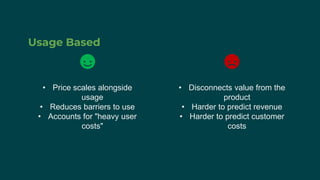 Usage Based
• Price scales alongside
usage
• Reduces barriers to use
• Accounts for "heavy user
costs"
• Disconnects value from the
product
• Harder to predict revenue
• Harder to predict customer
costs
 