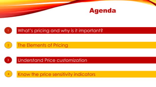 Agenda 
What’s pricing and why is it important? 
The Elements of Pricing 
Understand Price customization 
Know the price sensitivity indicators 
1 
3 
2 
4  