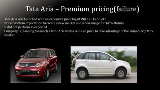 Tata Aria – Premium pricing(failure)
Tata Aria was launched with an expensive price tag of INR 12 -15.5 Lakh
Priced with an expectation to create a new market and a new image for TATA Motors.
It did not perform as expected
Company is planning to launch a Mini-Aria with a reduced price to take advantage of the mini-SUV / MPV
market.
 