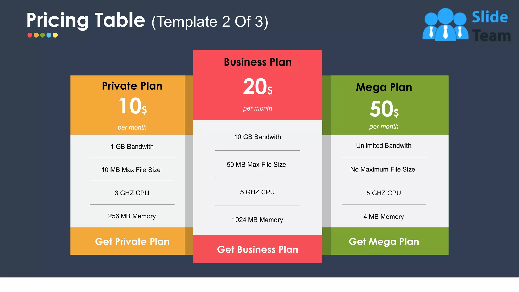 Pricing Table (Template 2 Of 3)
13
Mega Plan
Private Plan
Business Plan
10$
20$
50$
per month
per month
per month
1 GB Bandwith
10 MB Max File Size
3 GHZ CPU
256 MB Memory
10 GB Bandwith
50 MB Max File Size
5 GHZ CPU
1024 MB Memory
Unlimited Bandwith
No Maximum File Size
5 GHZ CPU
4 MB Memory
Get Private Plan
Get Business Plan
Get Mega Plan
 