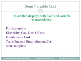Semi Variable Cost
11
A Cost that displays both fixed and variable
characteristics.
For Example :-
Electricity, Gas, Fuel, Oil etc.
Maintenance Cost
Travelling and Entertainment Cost.
Some Supplies.
Skills Developers (0092-3247661111) info@skillsdevelopers.org www.skillsdevelopers.org
 