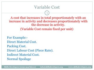 Variable Cost
9
A cost that increases in total proportionately with an
increase in activity and decreases proportionately with
the decrease in activity.
(Variable Cost remain fixed per unit)
For Example:-
Direct Material Cost.
Packing Cost.
Direct Labour Cost (Piece Rate).
Indirect Material Cost.
Normal Spoilage
Skills Developers (0092-3247661111) info@skillsdevelopers.org www.skillsdevelopers.org
 